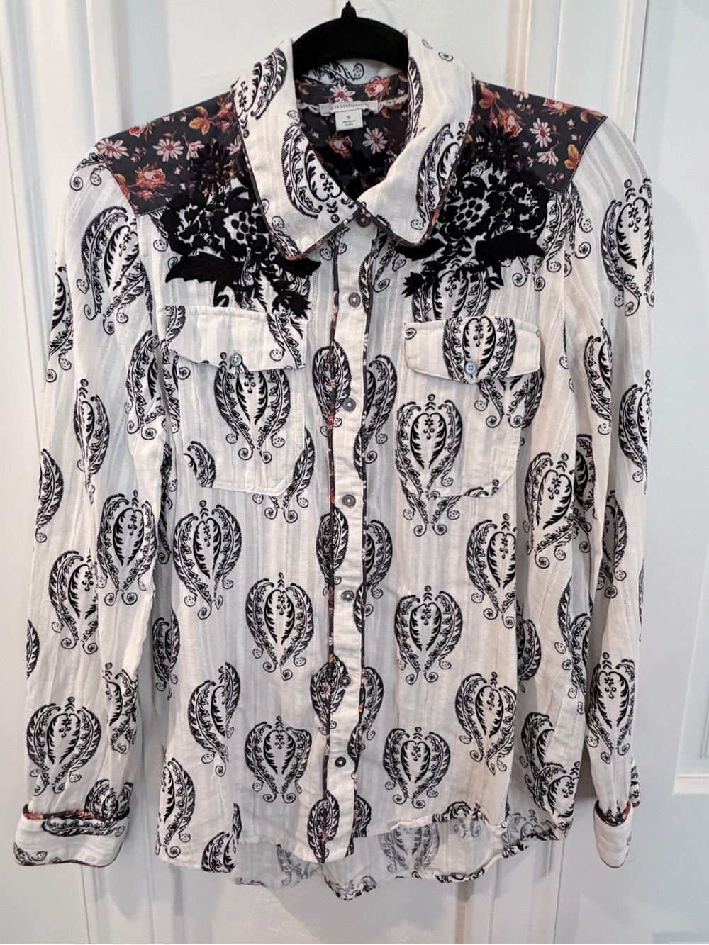 Sundance Michaela Southwest white and black paisley floral embroidered shirt.